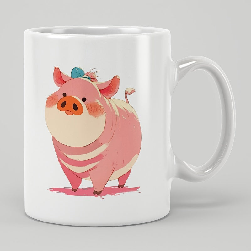 Tailorly White Ceramic 11 oz Mug - Charming Little Pink Character With Rosy Cheeks Standing Pig