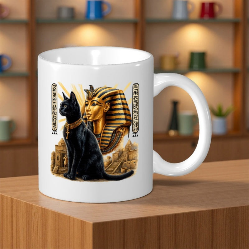 Tailorly White Ceramic 11 oz Mug - Majestic Black Cat Beside Golden Ancient Egyptian Pharaoh And Pyramids Cat