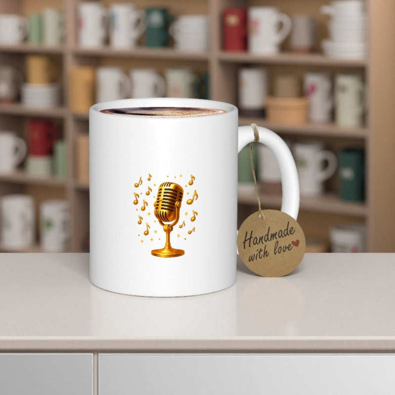 Tailorly White Ceramic 11 oz Mug - Handmade With Love Shining Golden Retro Stand With Floating Elegant Melodic Notes Microphone