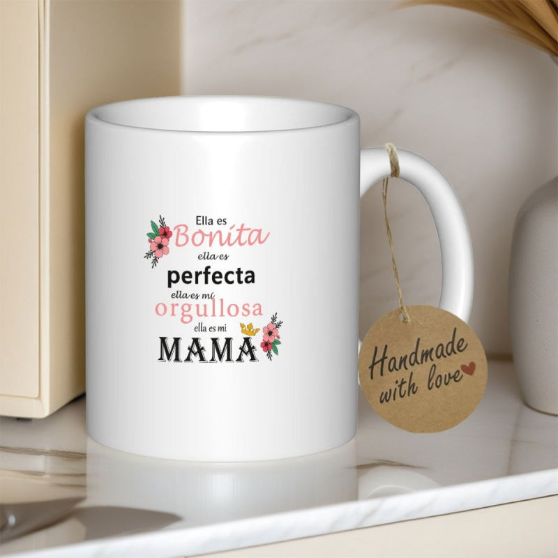 Tailorly White Ceramic 11 oz Mug - Handmade With Love Delicate Pink Floral Accents With A Tiny Butterfly Beside Elegant Script Mug
