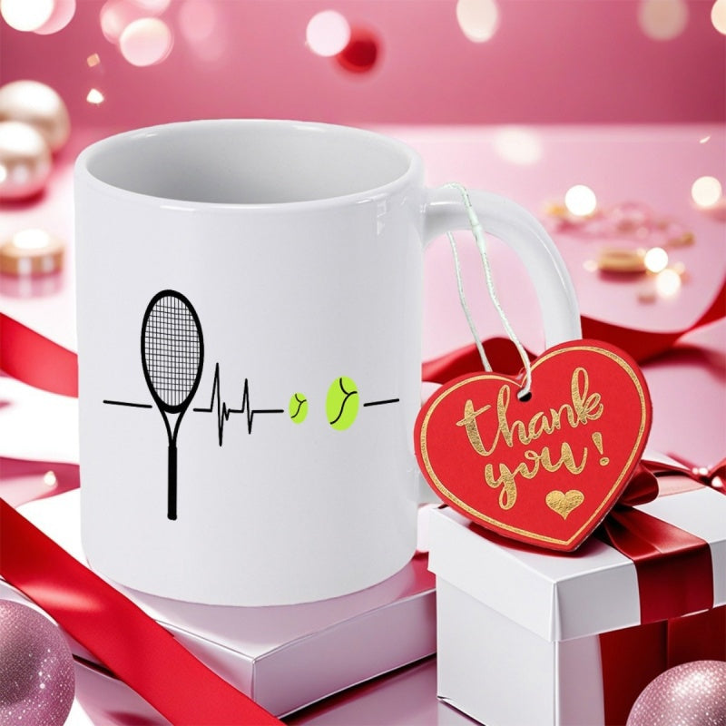 Tailorly White Ceramic 11 oz Mug - Minimalist Black Silhouette Tennis Racket With Heartbeat Pulse Line And Tennis
