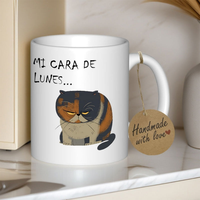 Tailorly White Ceramic 11 oz Mug - Handmade With Love Grumpy Tricolor Feline Sitting With An Annoyed Expression Under Soft Light Cat