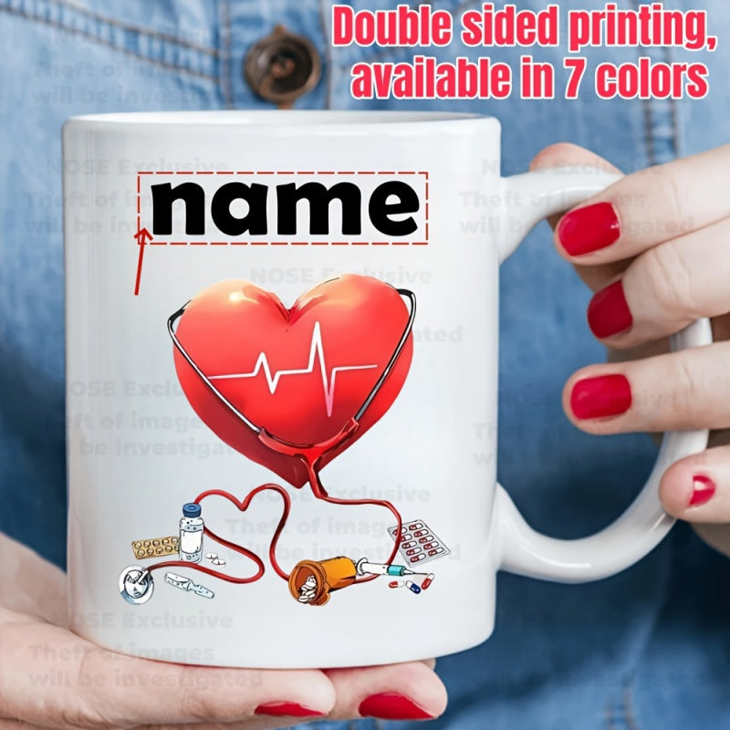 Tailorly White Ceramic 11 oz Mug - Name Vibrant Heart With Stethoscope And Medical Supplies Resting Under Large Heart