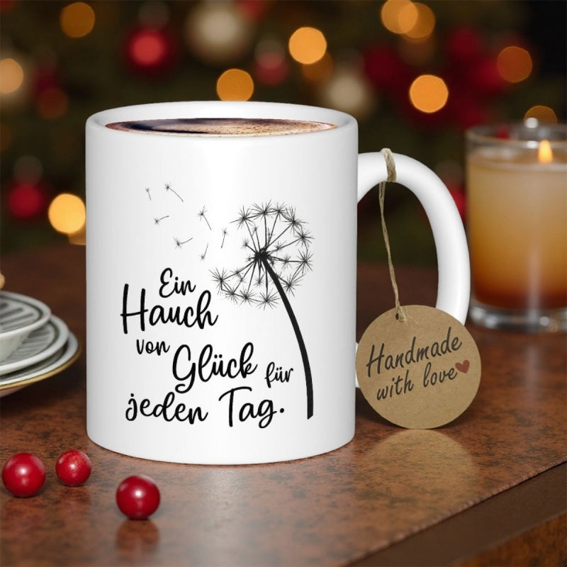 Tailorly White Ceramic 11 oz Mug - Handmade With Love Delicate Seeds Drifting Through The Air From A Beautiful Floral Dandelion