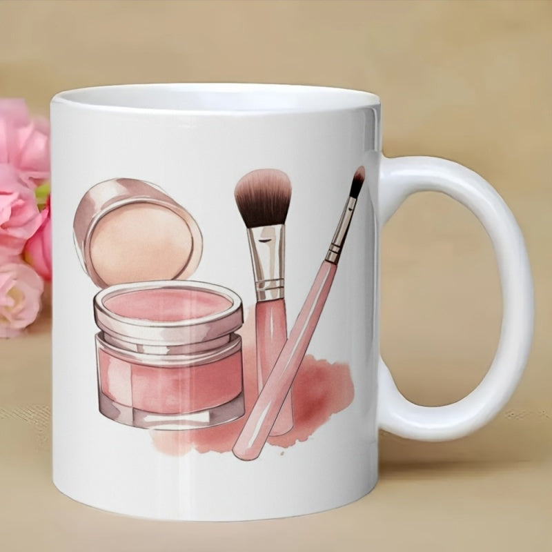 Tailorly White Ceramic 11 oz Mug - Elegant Pink Watercolor Art Featuring Soft Brushes And Cream Makeup