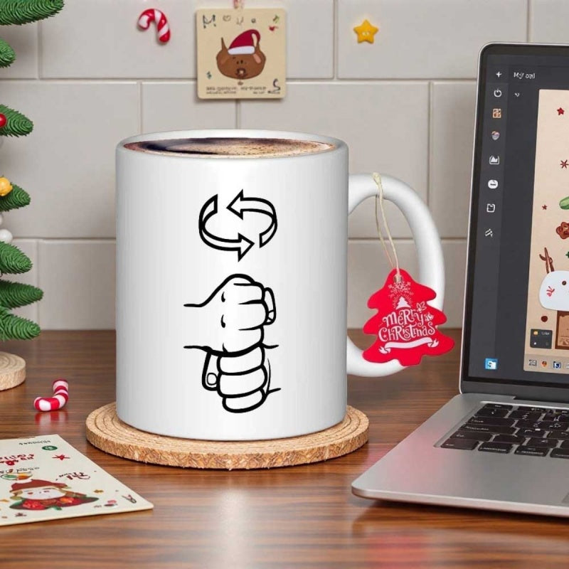 Tailorly White Ceramic 11 oz Mug - Minimalist Line Art Representing A Rotating Motion With Stacked Clenched Hands