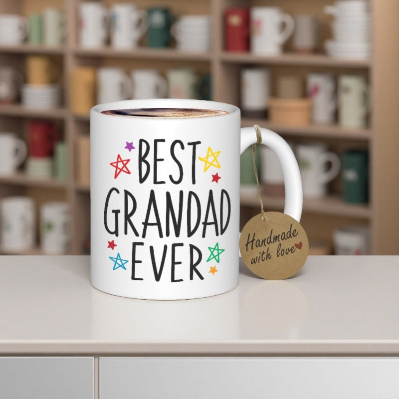 Tailorly White Ceramic 11 oz Mug - Best Grandad Ever Vibrant Hand Drawn Multi Colored Stars Surrounding A Heartfelt Quote Mug
