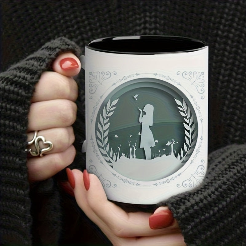 Tailorly Black Accent 11 oz Mug - 3d paper cut style girl with a bird