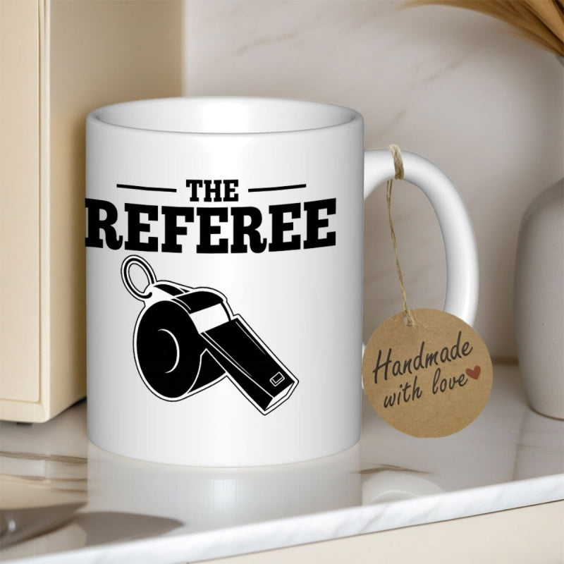 Tailorly White Ceramic 11 oz Mug - The Referee Classic Black Athletic Whistle Icon Centered Below Bold Whistle