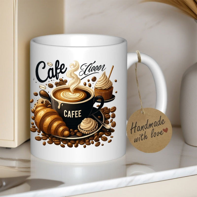 Tailorly White Ceramic 11 oz Mug - Cafe Roasted Coffee Beans With A Delicious Golden Croissant And Steaming Coffee