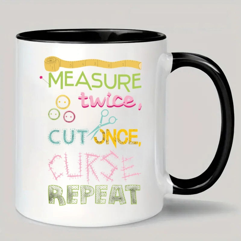 Tailorly Black Accent 11 oz Mug - colorful text and a scissor design