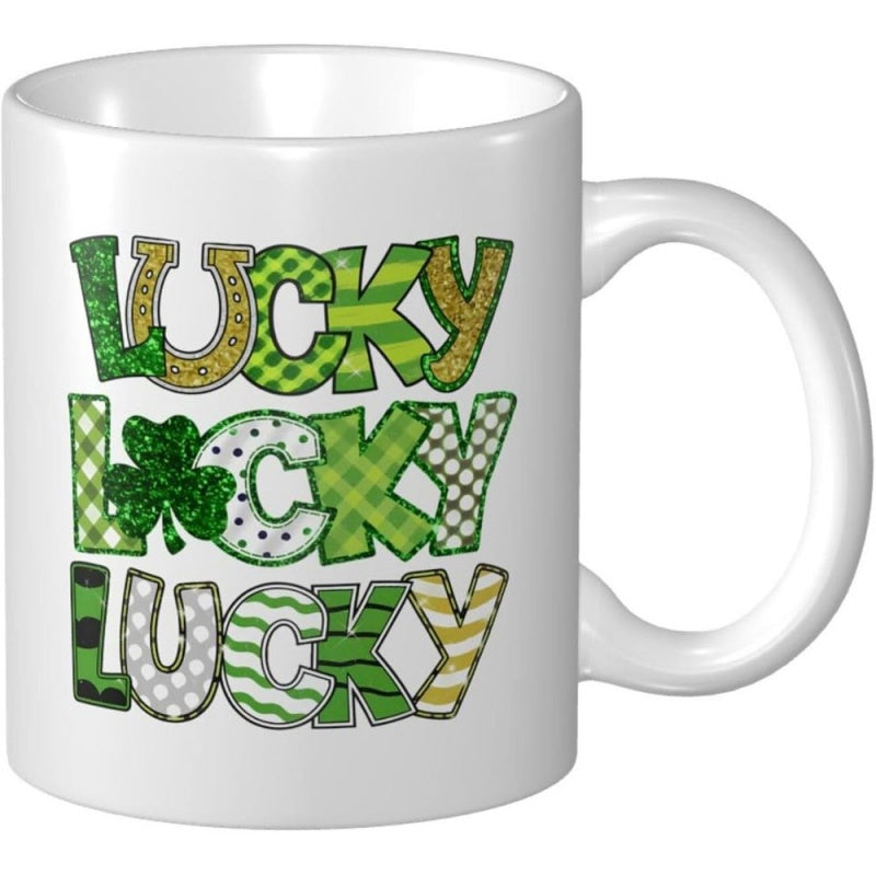 Tailorly White Ceramic 11 oz Mug - Lucky Lucky Lucky Vibrant Festive Patterns With Green Shamrocks And Golden Horseshoe Textures Pattern