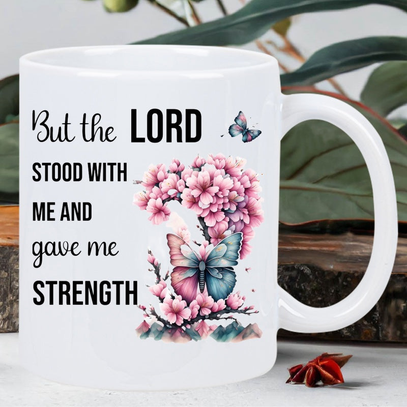 Tailorly White Ceramic 11 oz Mug - But The Lord Stood With Me And Gave Me Strength Beautiful Pink Cherry Blossoms With A Vibrant Winged Resting Butterfly