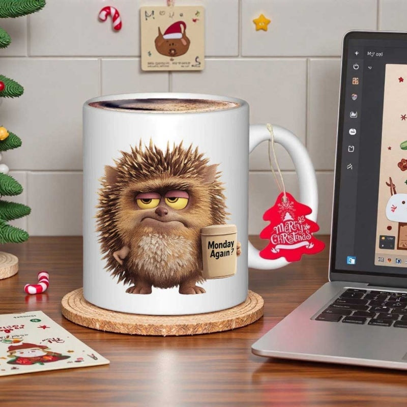 Tailorly White Ceramic 11 oz Mug - Monday Again Spiky Brown Grumpy Animal Holding His Morning Coffee Mug With Tired Eyes Hedgehog