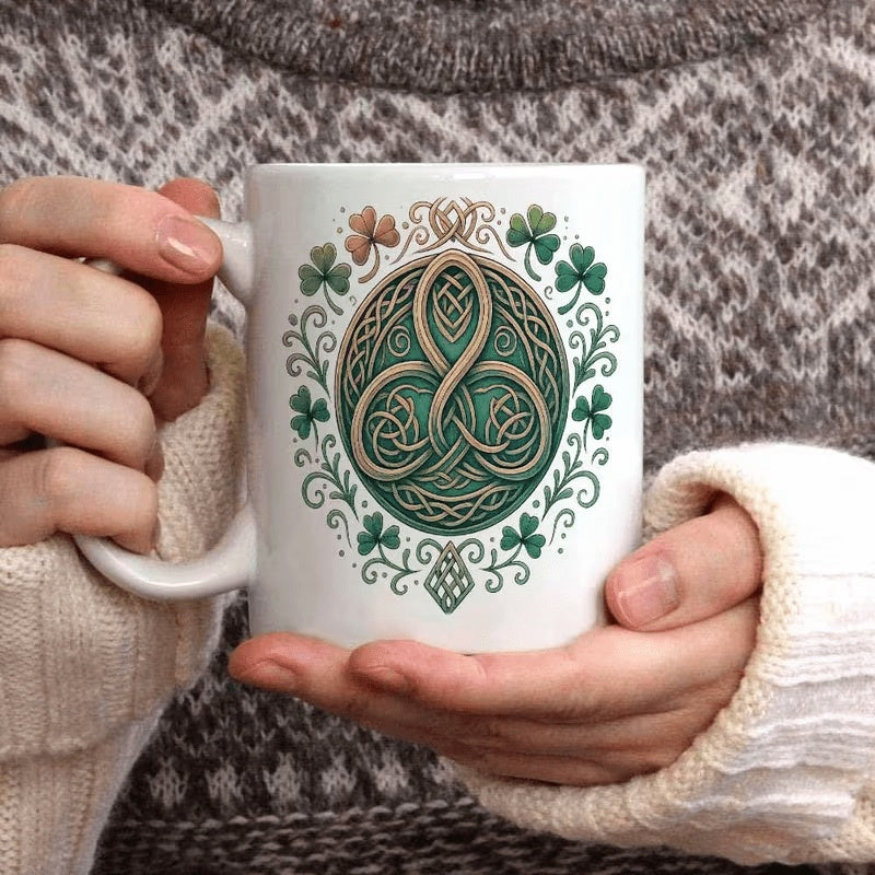Tailorly White Ceramic 11 oz Mug - Intricate Traditional Irish Symbol Surrounded By Green Shamrocks And Decorative Ornate Scrollwork Celtic Knot