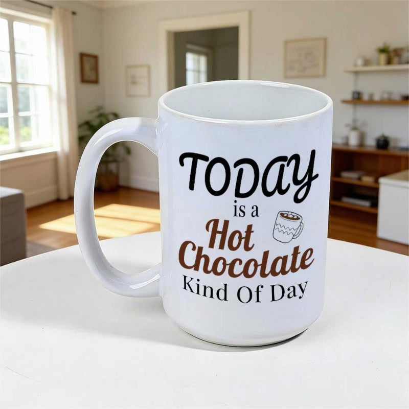 Tailorly White Ceramic 11 oz Mug - Today Is A Hot Chocolate Kind Of Day Simple Line Drawing Of A Steaming Ceramic Cup With Marshmallows Cup