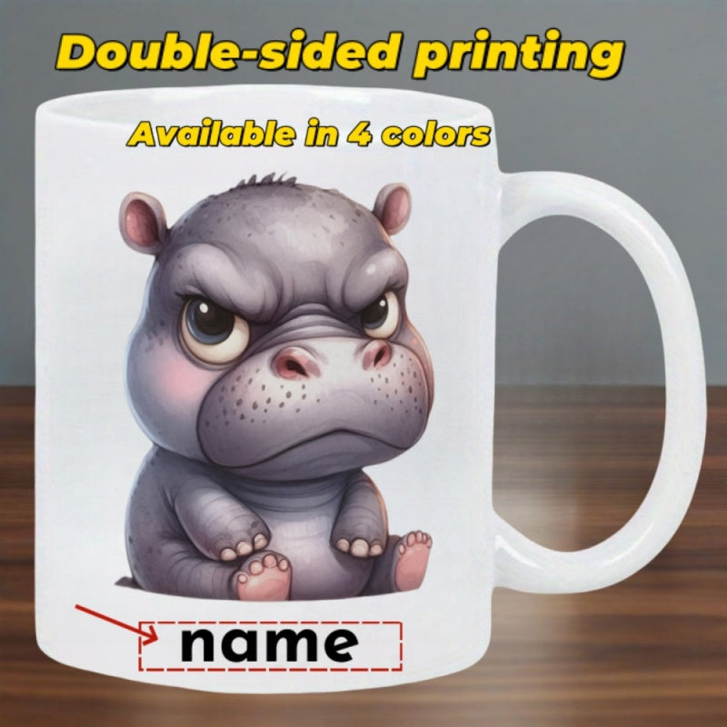Tailorly White Ceramic 11 oz Mug - Adorable Grumpy Little Grey Baby Hippopotamus Sitting Alone Hippo