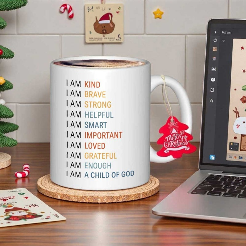 Tailorly White Ceramic 11 oz Mug - I Am Kind Brave Strong Helpful Smart Important Loved Grateful Enough A Child Of God Minimalist Vertical List Of Colorful