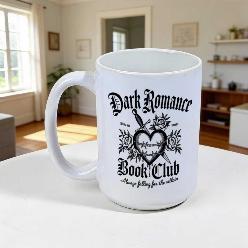 Tailorly White Ceramic 11 oz Mug - Dark Romance Book Club Always Falling For The Villain Intricate Barbed Wire Pierced By Sharp Dagger Surrounded By Blooming Roses