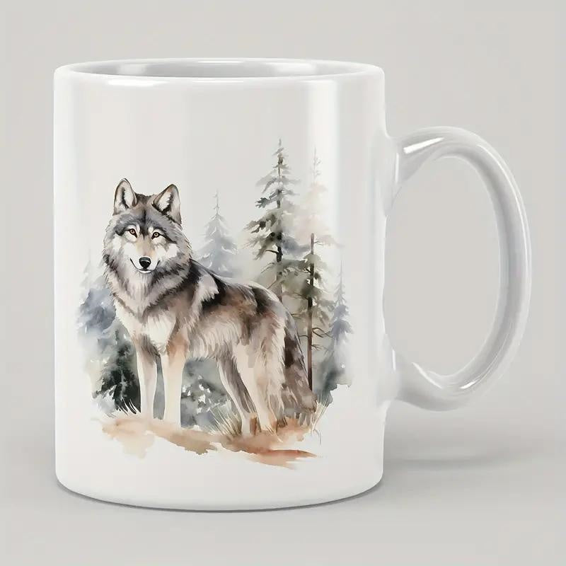Tailorly White Ceramic 11 oz Mug - Majestic Lone Grey Wolf Standing Among Pine Trees In Watercolor Wild Wolf