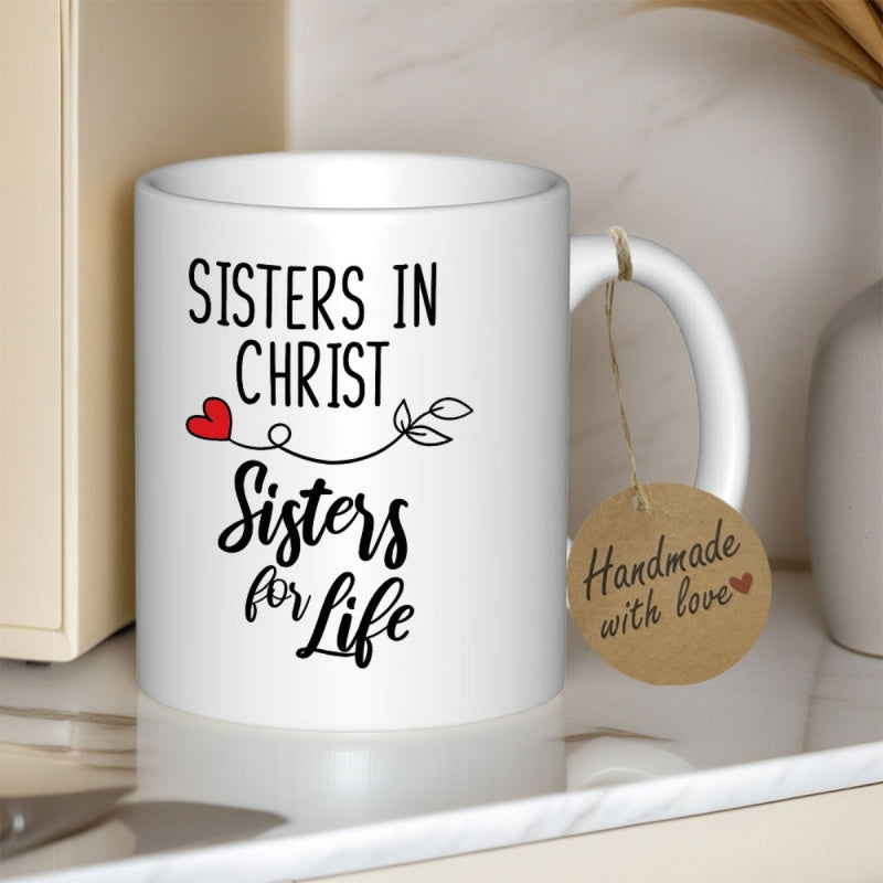 Tailorly White Ceramic 11 oz Mug - Sisters In Christ Sisters For Life Delicate Red Heart With Elegant Swirling Line And Tiny Leaf Mug