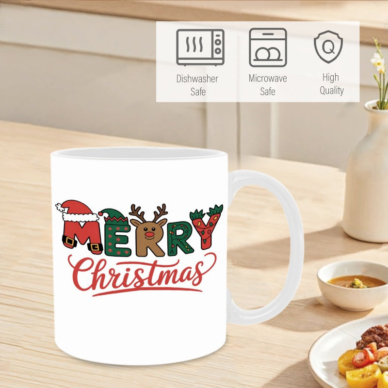 Tailorly White Ceramic 11 oz Mug - Merry Christmas Festive Colorful Letters Decorated With Reindeer And Santa Hat Motifs Mug