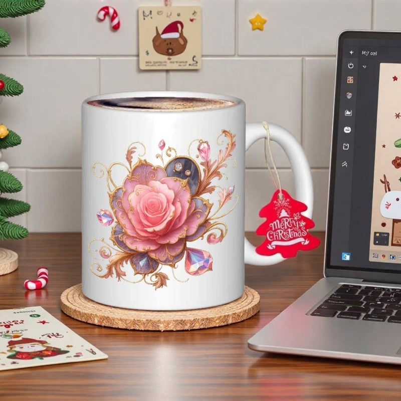 Tailorly White Ceramic 11 oz Mug - Blooming Pink Flower With Elegant Golden Filigree And Sparking Purple Jewels Rose
