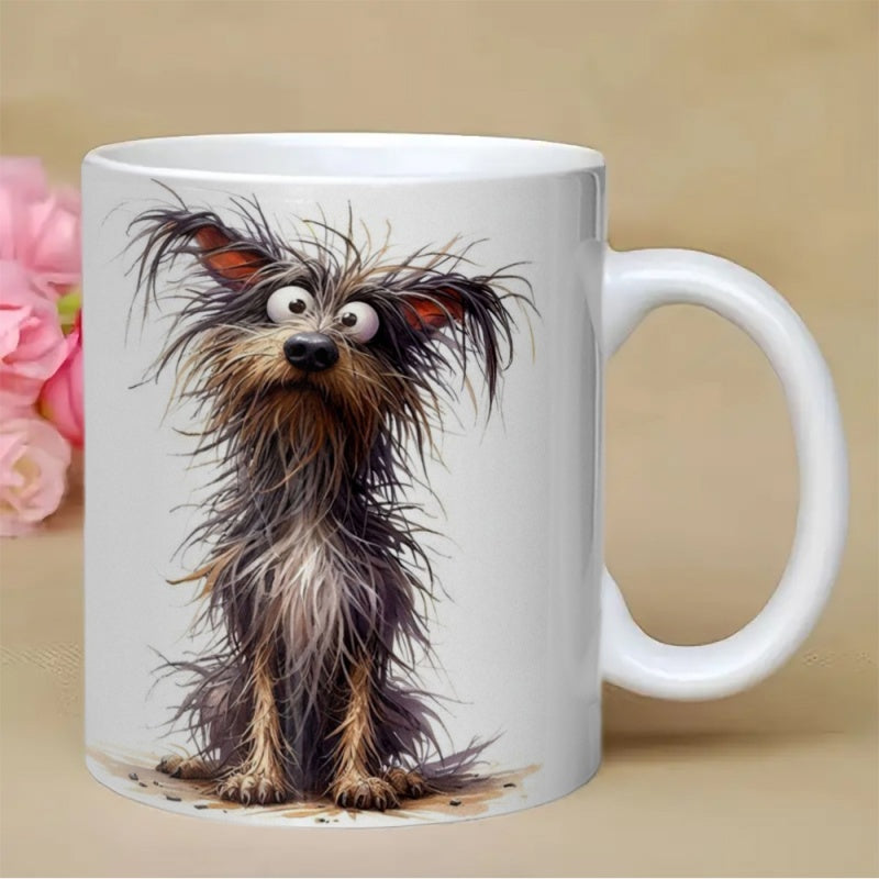 Tailorly White Ceramic 11 oz Mug - Whimsical Scruffy Little Pup With Wild Messy Hair And Wide Eyes Dog
