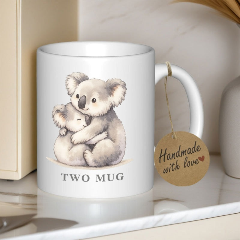 Tailorly White Ceramic 11 oz Mug - Two Mug Cuddly Mother And Baby Koala Hugging With Soft Watercolor Fur Detail Koala