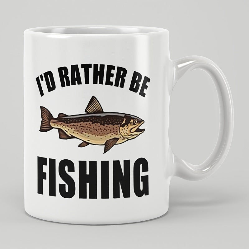 Tailorly White Ceramic 11 oz Mug - I D Rather Be Fishing Realistic Brown Trout Swimming Gracefully Through Calm Clear River Water Fish