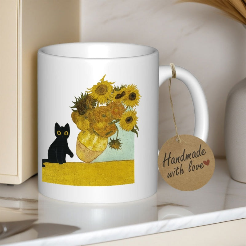 Tailorly White Ceramic 11 oz Mug - Whimsical Little Kitten Sitting Beside Vibrant Artistic Yellow Van Gogh Sunflower Cat