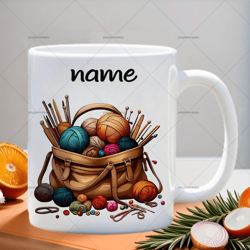 Tailorly White Ceramic 11 oz Mug - Name Rustic Brown Bag Filled With Multicolored Wool And Knitting Needles Bag