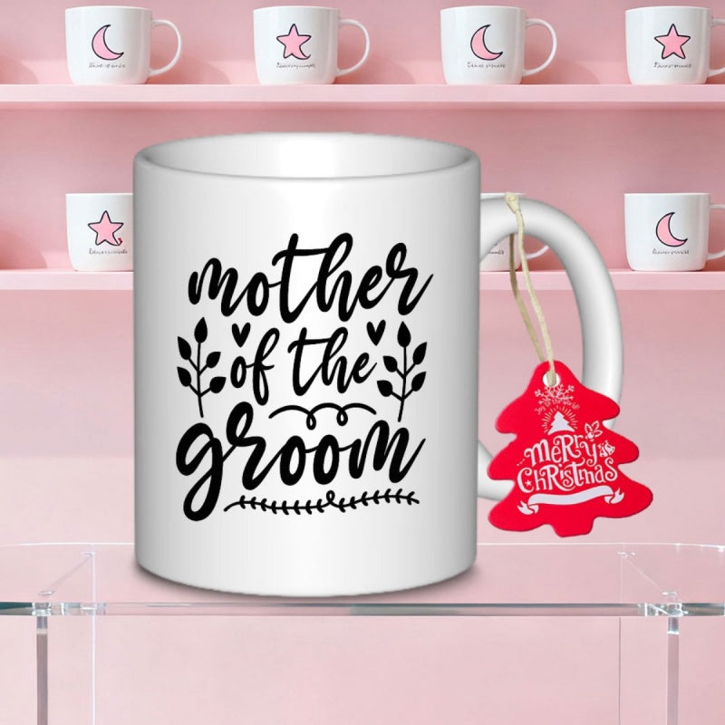 Tailorly White Ceramic 11 oz Mug - Mother Of The Groom Merry Christmas Elegant Hand Written Script With Floral Leaves And Red Hanging Tag Mug