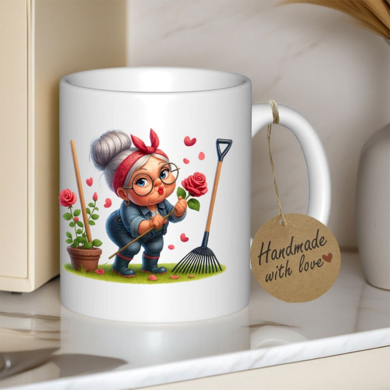 Tailorly White Ceramic 11 oz Mug - Handmade With Love Cute Cartoon Grandma Holding Rose In Lush Green Garden With Rake Grandma