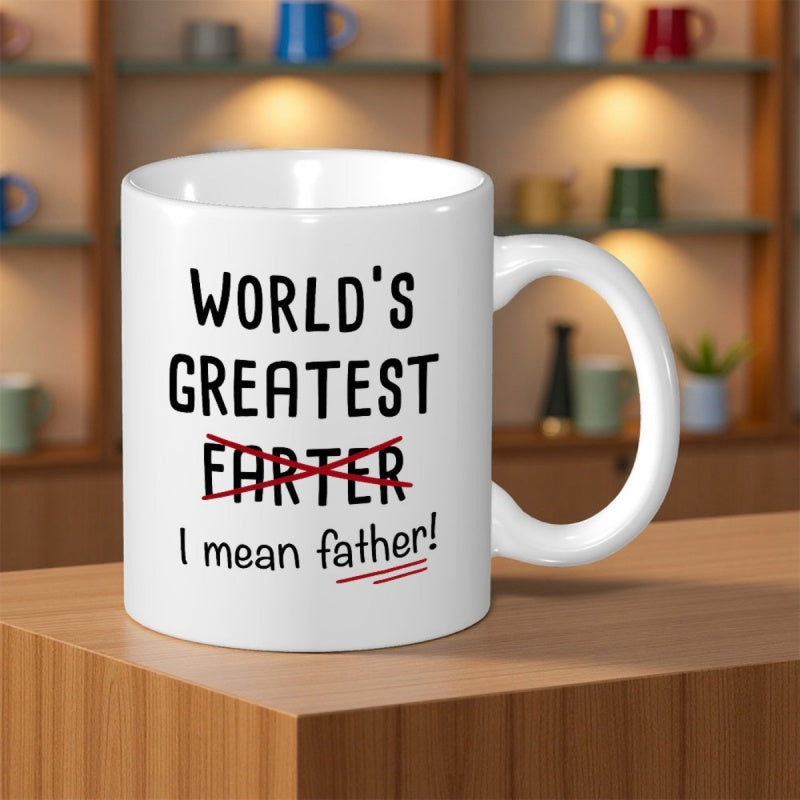 Tailorly White Ceramic 11 oz Mug - Worlds Greatest Farter I Mean Father Minimalist Black Sans Serif Typography With Humorous Sarcastic Red Strike Through Line