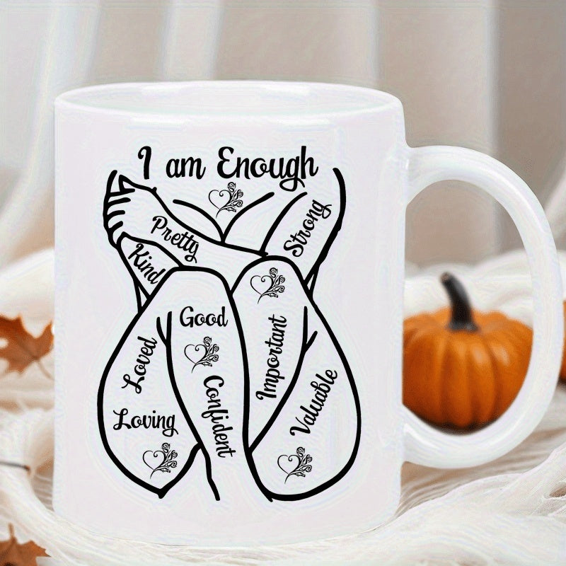 Tailorly White Ceramic 11 oz Mug - I Am Enough Inspiring Human Hug Silhouette Surrounded By Motivational Positive Words Design