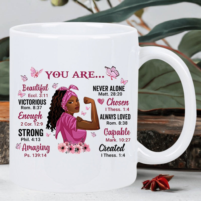 Tailorly White Ceramic 11 oz Mug - You Are Beautiful Victorious Strong Amazing Empowered Black Woman In Pink Bandana Surrounded By Butterflies And Flowers Woman