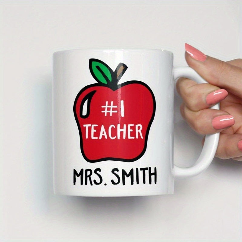 Tailorly White Ceramic 11 oz Mug - 1 Teacher Mrs Smith Vibrant Red Apple With Green Leaf And Bold White Lettering Apple