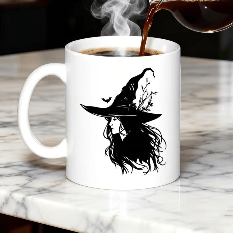Tailorly White Ceramic 11 oz Mug - Mysterious Silhouette Wearing Classic Pointed Hat Decorated With Natural Branches Witch