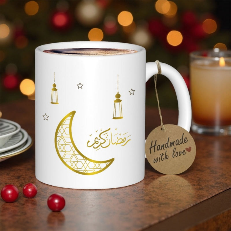 Tailorly White Ceramic 11 oz Mug - Elegant Golden Patterned Crescent Moon With Traditional Lanterns And Stars Moon