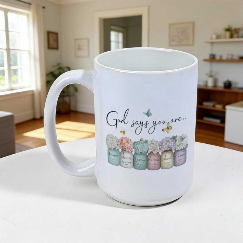 Tailorly White Ceramic 11 oz Mug - God Says You Are Mason Jars Filled With Pastel Flowers And Graceful Butterflies Mug