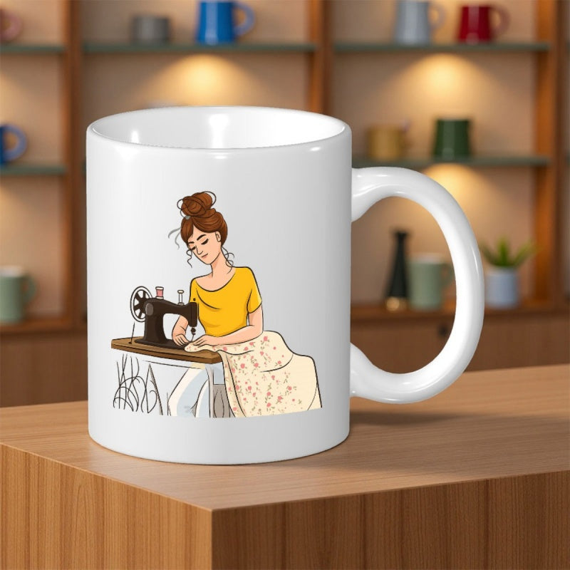 Tailorly White Ceramic 11 oz Mug - Artistic Woman In Yellow Shirt Focused On Sewing At Vintage Machine Seamstress