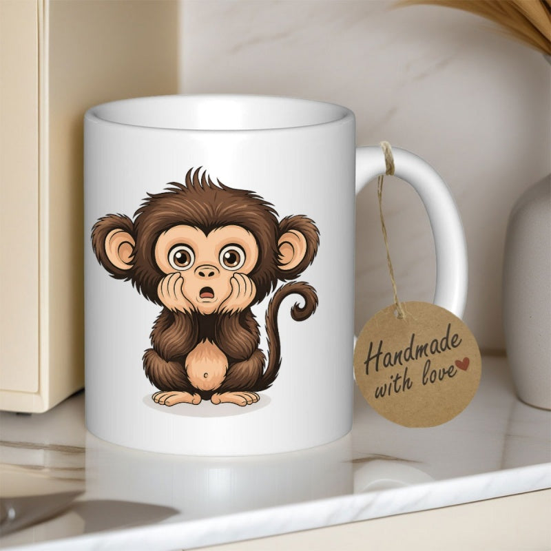 Tailorly White Ceramic 11 oz Mug - Handmade With Love Cute Curious Brown Primate Resting Chin On Hands Under Soft Light Monkey