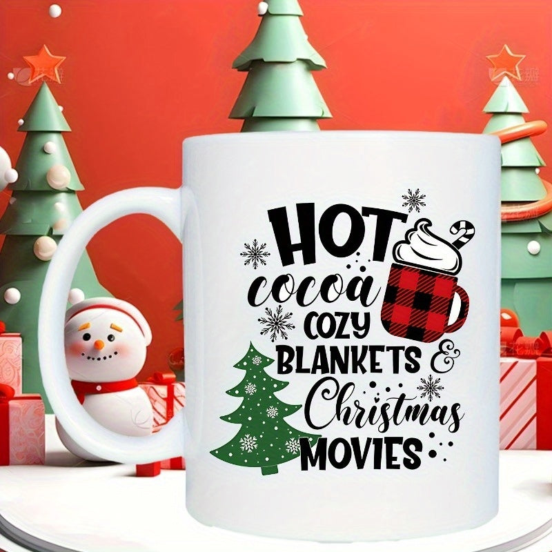 Tailorly White Ceramic 11 oz Mug - Hot Cocoa Cozy Blankets Christmas Movies Festive Seasonal Elements Featuring A Tree And Plaid Steaming Cocoa Mug