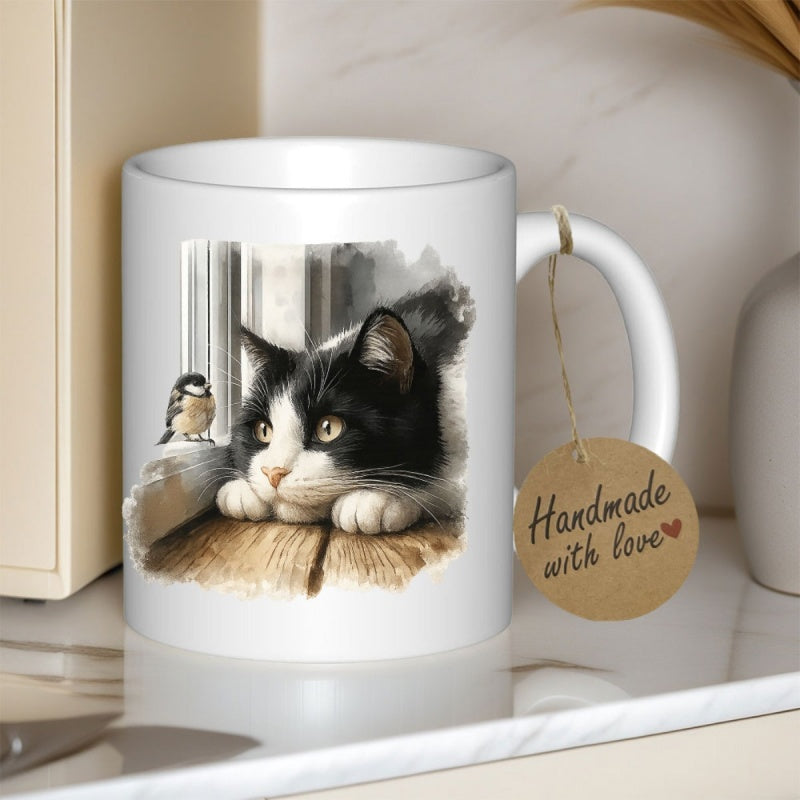 Tailorly White Ceramic 11 oz Mug - Handmade With Love Curious Tuxedo Feline Watching Small Bird Beside Rustic Window Ledge Cat