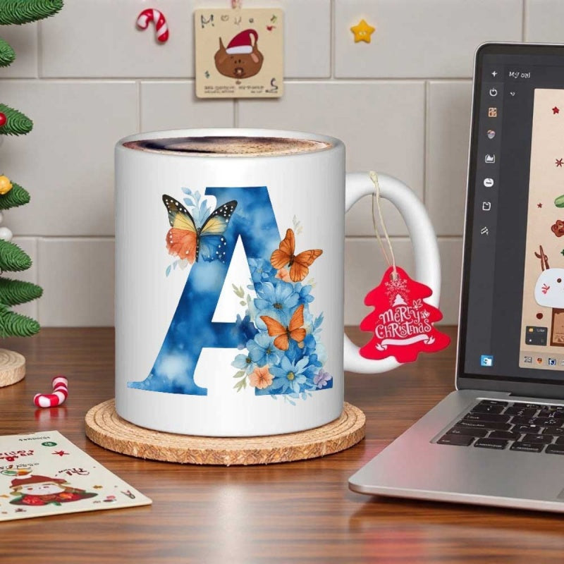 Tailorly White Ceramic 11 oz Mug - A Blue Watercolor Letter Decorated With Vibrant Orange Butterflies And Flowers Butterfly