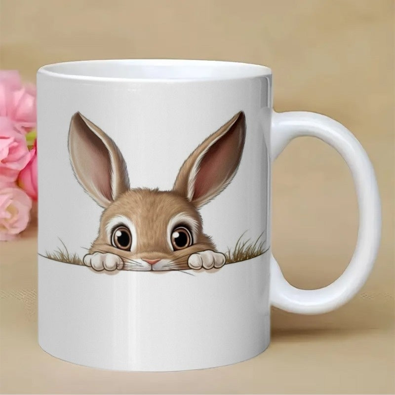 Tailorly White Ceramic 11 oz Mug - Adorable Brown Bunny Peeking Over White Edge With Big Curious Eyes Rabbit