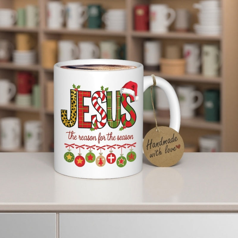 Tailorly White Ceramic 11 oz Mug - Jesus The Reason For The Season Festive Christmas Ornaments Hanging Beneath Decorative Patterned Letters Mug