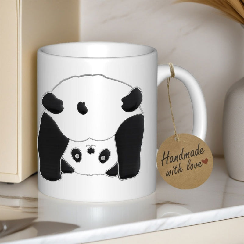 Tailorly White Ceramic 11 oz Mug - Adorable Minimalist Black And White Hanging Upside Down Cartoon Panda