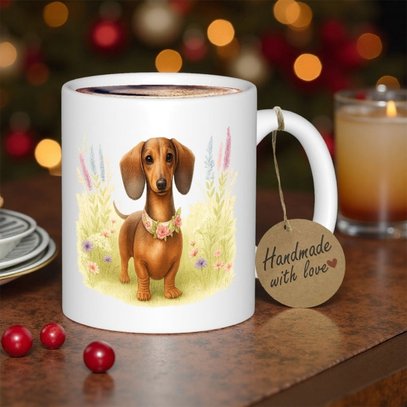 Tailorly White Ceramic 11 oz Mug - Handmade With Love Charming Brown Dog Wearing Floral Collar Standing In Grassy Field Dachshund